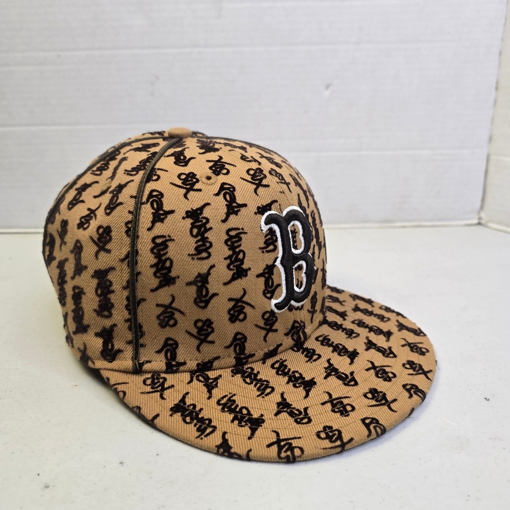 New Era Mens Boston Red Sox 59FIFTY Fitted Hat 7 1/2 Tan All Over Script Print - Picture 6 of 12
